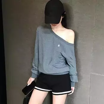 Спортивный шик однотонный диагональный вырез толстовка повседневный свободный с открытыми плечами длинный рукав пуловеры женские осень весна S чёрный