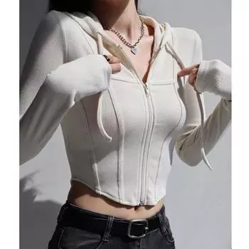 Спортивный стиль Европейский и американский пикантный кардиган с капюшоном для девушек короткая куртка женская высокая талия облегающий универсальный тонкий топ с длинным рукавом Pure Desire S чёрный