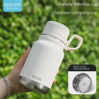 Спортивный термос большой емкости из нержавеющей стали премиум-класса 316 с отделением для чая и воды и ручкой 600-800ML чёрный