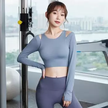 Спортивный топ, женская облегающая, быстросохнущая одежда для йоги с накладкой на грудь, спортивная одежда для бега и фитнеса с длинными рукавами