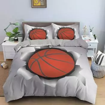 Sports Balls Duvet Cover 3D Basketball In A Hole Bedding Set Twin For Boys Teens Room Microfiber Cool Basketball Comforter Cover EU single(135x200cm)