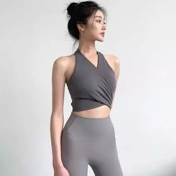 Sports Halter Cami Women Summer Outer Wear Inner wear Bra Straps Chest Pad Yoga Clothes Fitness Short Top Smoke Gray All yards