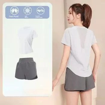 Sports Quick-Drying Top Women s Suit Summer Thin Shorts Short Sleeve Yoga Suit Tops Loose Slim Look Running Violent Sweat Suit White short sleeve + sea rock gray shorts S