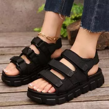 Sports Sandals Women Outer Wear Summer Comfortable Soft Bottom Student Casual Shoes Velcro Dew Toe Muffin Beach Shoes 36 чёрный