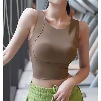 Sports Shockproof Vest Underwear Women Summer New With Chest Pad Yoga Clothes Breast Collection Running Breathable Fitness Top Curry M