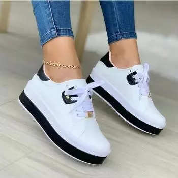 Sports Shoes Women s Vulcanized Shoes 2024 Outdoor Platform Shoes Female Casual PU Fashion Lace-Up Sneakers Women Wedge Flats 35 чёрный