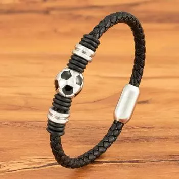 Sports Style Football Design Stainless Steel Button Woven Leather Men s Bracelet World Cup Gift Campus Gym Accessories 19cm