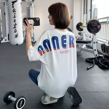 Sports T-shirt Women s Loose Casual Workout Clothes Trendy Plus Size Short Sleeve Plus Size Ladies Quick-Drying White Shirt Summer Yoga Clothes White M