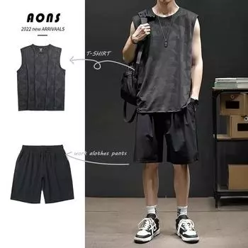 Sportsset, мужская летняя быстросохнущая футболка из ледяного шелка без рукавов, мужской жилет больших размеров, шорты для бега и фитнеса 6XL чёрный