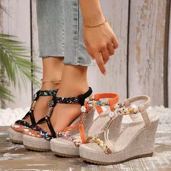 Spot 2024 summer new wedge heel foreign trade large size women s shoes color matching open-toed empty casual women s beach sandals 36 бежевый