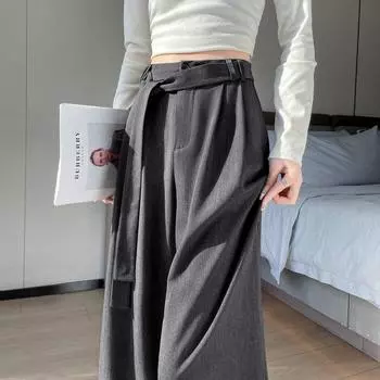 Spot 2025 Весна Женские Брюки Широкие с Высокой Талией - Модные Прямые Повседневные Брюки L чёрный
