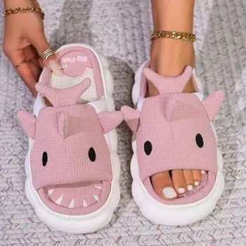spot cartoon shark open-toed slippers female cute home indoor sweat-absorbing four-season linen slippers couple 36-37