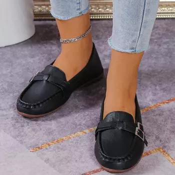 Spot casual lazy shoes overalls round head beanie shoes belt buckle flat single shoes women s spring and summer new grandma shoes 36 чёрный