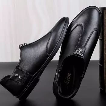 Spot casual leather shoes men s new men s driving shoes soft first layer cowhide beanie shoes men s casual shoes soft sole 37 чёрный