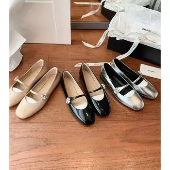 Spot cowhide version~ Su Yinyin, the same flower diamond square head rhinestone buckle, flat bottom Mary Jane ballet single shoes women 34 чёрный