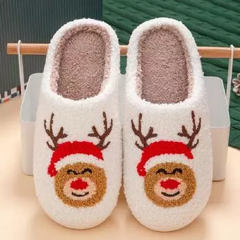 spot cute antlers Christmas element cotton slippers women s velvet thickened home warm autumn and winter slippers neutral 36-37 (suitable for 35-36 feet)