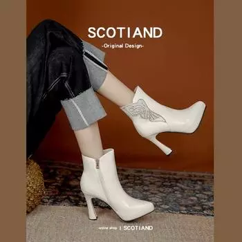 Spot light retro short boots with drill medium boots pointed fashion velvet fashion boots waterproof table high heel short boots women 34 чёрный