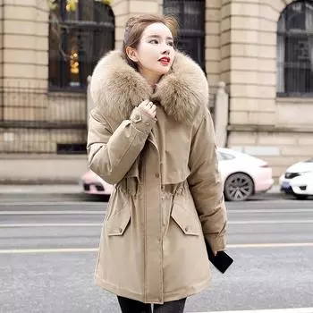 Найдите новые хлопчатобумажные подкладки для женщин, внутренний бархатный пирог, чтобы преодолеть зиму, женские короткие большие меховые воротники, хлопковая одежда M хаки