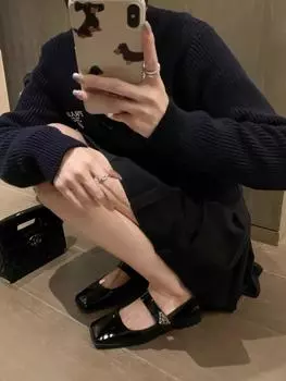 Spot second hair! Shoes patent leather square head triangular buckle with flat bottom Mary Jane shoes women s single shoes 34 чёрный