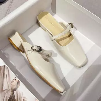 Spot second hair~ thick heel baotou half slippers women s summer new outer wear women s square head lazy cool slippers J2024 39 абрикосовый