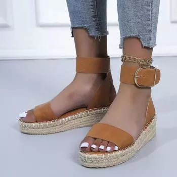 Spot spring and summer new belt buckle one-word wedge sandals women s flat-bottomed sewing line hollowed-out open-toed Roman sandals 35 белый