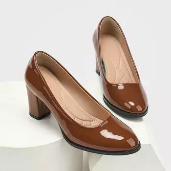 Spot square head patent leather thick heel single shoes women s 2025 summer shallow mouth wedding banquet mother shoes genuine leather burgund 35 оранжевый