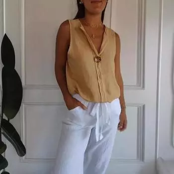 Женская хлопковая льняная рубашка без рукавов с V-образным вырезом и имитацией кардигана Spot S зелёный