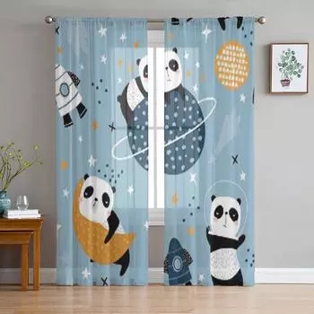 Спящие панды на лунах и звездное небо шифоновые прозрачные шторы для гостиной спальни украшение окна вуаль тюль занавеска 135W x 114H(cm)