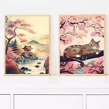Спящий кот, японский постер с цветущей вишней, холст, картина, пагода, храм, настенная художественная картина с пейзажем для гостиной, домашний декор 21x30cm No Framed красный