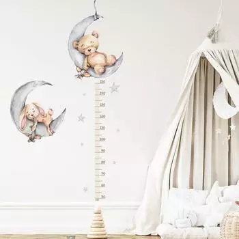 Спящий плюшевый мишка Луна, измерение высоты, наклейки на стену для детских комнат, украшение для детской комнаты, спальни, обои для детской комнаты, наклейки на стены 57 Dots Grey Stars