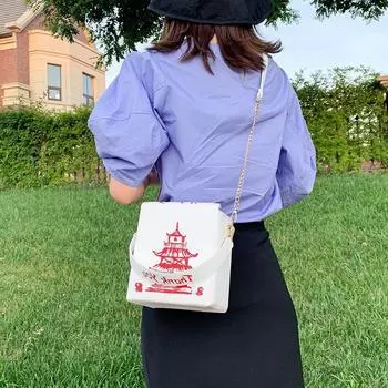 Spraying creative small square bag square box iron tower women s bag simple messenger handbag bag large capacity simple PU women s bag белый