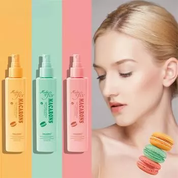 Спрей для макияжа Makaron Set надолго восполняет запасы воды и не так легко смывается макияжем жёлтый