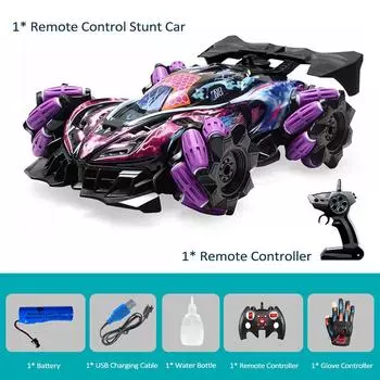 Спрей с дистанционным управлением, автомобиль с дистанционным управлением, каскадерский автомобиль, 2,4 ГГц, с функцией крутого освещения, музыки, бокового дрифта 2 controller-1 battery фиолетовый