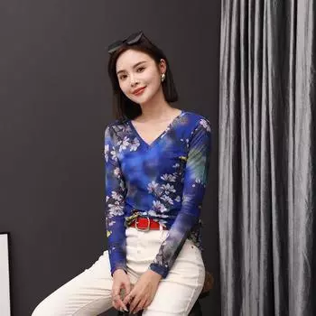 Spring 2024 New Small Shirt Blue Long Sleeved T-shirt V-neck Tops Female Fancy National Style Printed Mesh Tops Blue 3XL