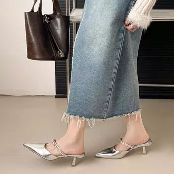 Spring 2025 French silver bag head sandals women s word with pointed high heels women s thin heels lazy slippers women 35 серебряный