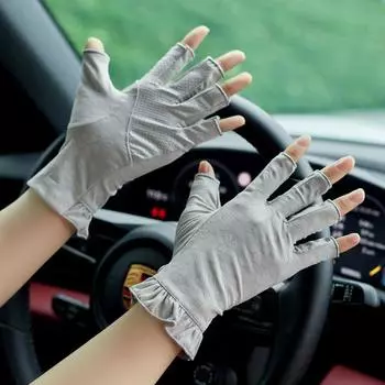 Spring 2025 New Arrival Driving Half Finger Lace Sun Protection Gloves Female Summer Short Thin Ice Silk Touch Screen UV Protection Grey All yards