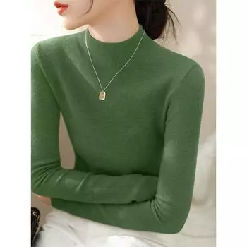 Spring 2025 New Arrival Minimalist Long Sleeve Knitwear Wool Fashion All-Match Pullover Half Turtleneck Bottoming Shirt Women s Clothing Pea Green [high quality fabric]] 3XL