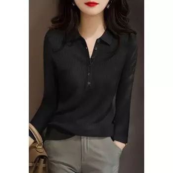 Spring 2025 New Polo Collar Long sleeve Inner wear Knit Fashion Pullover Slim fit Simple and Versatile Base Women Black L([Recommended 55.00 kg-60.00 kg]])