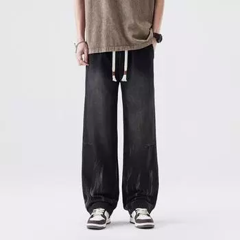 Spring American High Street Loose Straight Wide-leg Jeans Men s Floor Pants Elastic Waist S чёрный