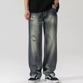 Spring American Retro Ripped Jeans Men s High Street Loose Straight Draped Wide-leg Pants 28