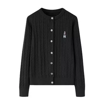 Spring and Autumn Bear Embroidery Sunken Stripe round Neck Knitting Outwear Black Bear XL