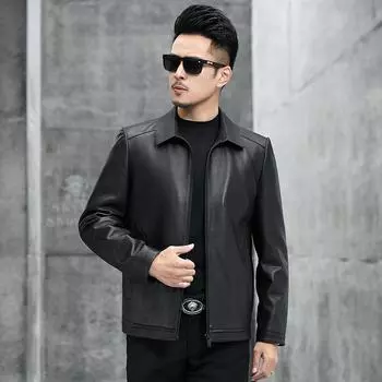 Мужская куртка Haining из натуральной кожи с оленьим узором на весну и осень, короткая куртка из овчины с отворотом сверху L чёрный