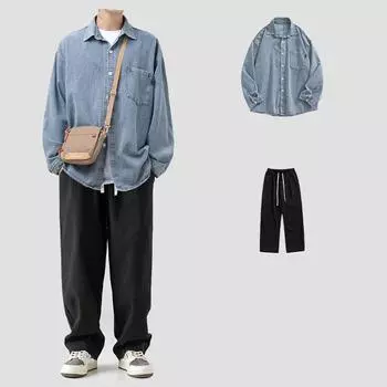 Весенне-осенняя джинсовая рубашка, свободные прямые брюки, костюм-двойка XXXL чёрный