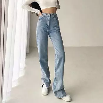 Spring and Autumn Fashion Ins Slim Fit Slit Bootleg Pants Light blue L
