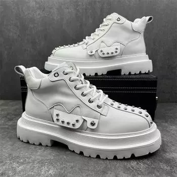 Весенние и осенние модные заклепки повседневные британские высокие мотоциклетные ботинки удобные и теплые зимние мужские ботинки 38 чёрный