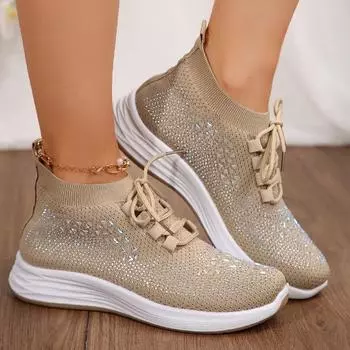 Spring and Autumn Fashion Women s Shoes 2024 High Quality Solid Color Round Toe Low Top Rhinestone Lace Up Women s Sports Shoes 36 абрикосовый