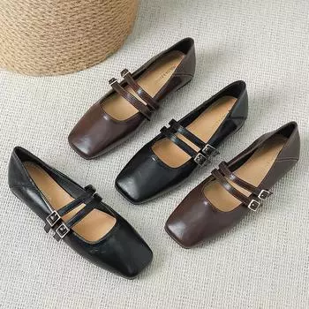 Spring and Autumn flat-soled single shoes Gentle fairy shoes One-word buckle with shallow mouth soft sole Mary Jane women s shoes W1377-1 35 чёрный