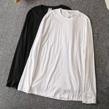 Spring and Autumn Foreign Trade Korean Style New Loose Slimming Casual All-matching Simple round Neck Long sleeve Pullover T-shirt Black 2XL
