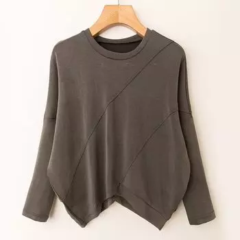Spring and Autumn Foreign Trade Korean Style New Casual All-matching Slimming Temperament round Neck Long sleeve Pullover Top Dark gray F