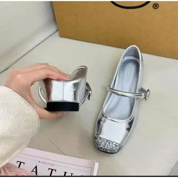Spring and Autumn Gentle Shoes Inner Height Increase Small Silver Shoes Silver Mary Jane Small Leather Shoes Thick Heel Single Shoes Autumn 34